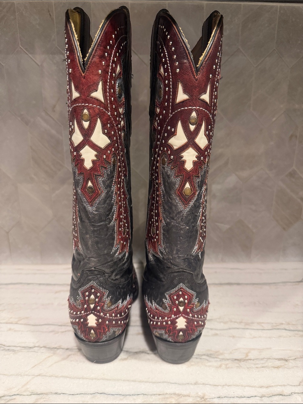 Women's Black and Burgundy Embellished Western Heeled Boots - Picture 6 of 11